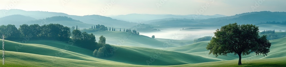 Obraz premium Misty landscape with rolling hills and a lone tree.