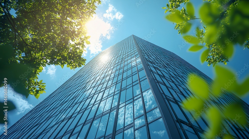 Sleek glass skyscrapers under clear blue sky, reflected sunlight and sharp architecture, framed by blurred pine leaves, telephoto shot