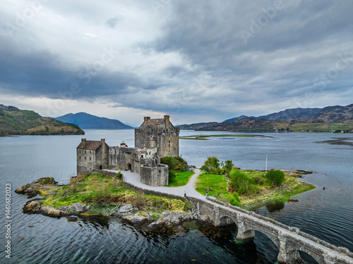 Eilean Donan Castle and Loch Duich from a drone, Isle of Skye, Highlands, Scotland, England