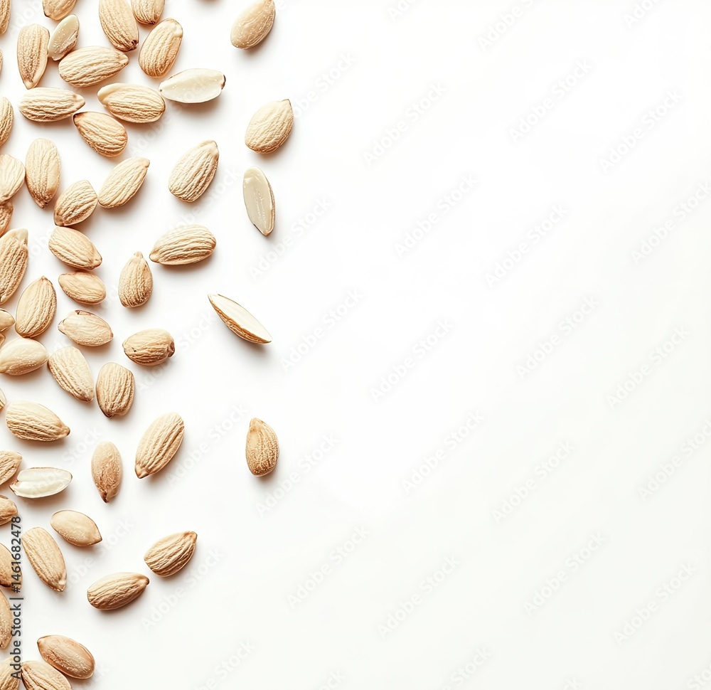 Scattered almonds on a white background, showcasing a few halves Scattered almonds on a white background, showcasing a few halves