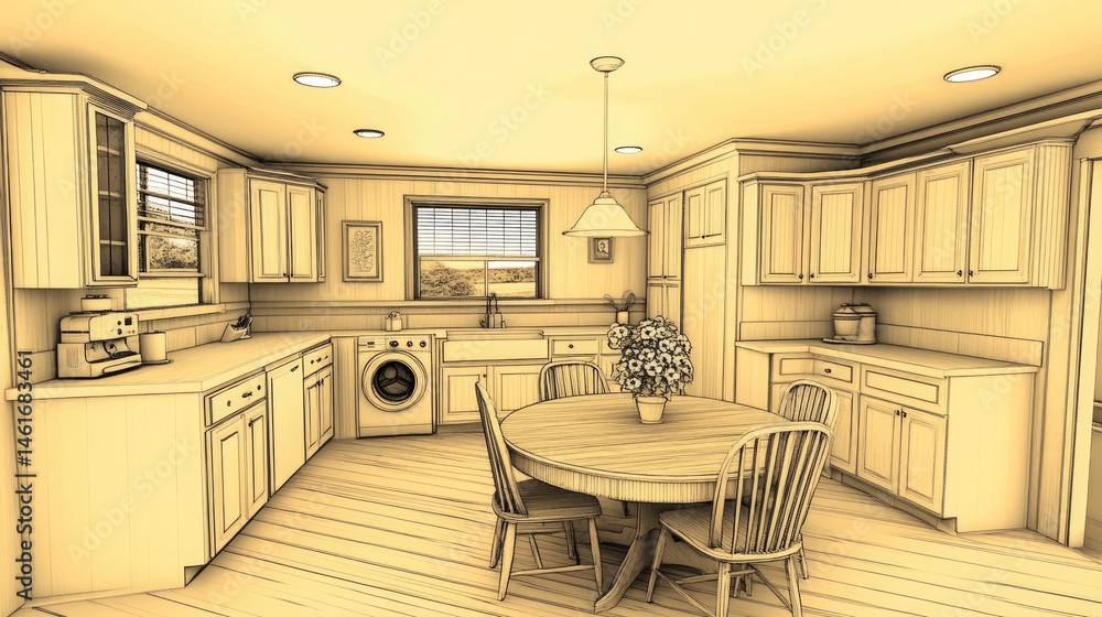 Fototapeta premium Interior design sketch of a light-toned farmhouse kitchen.