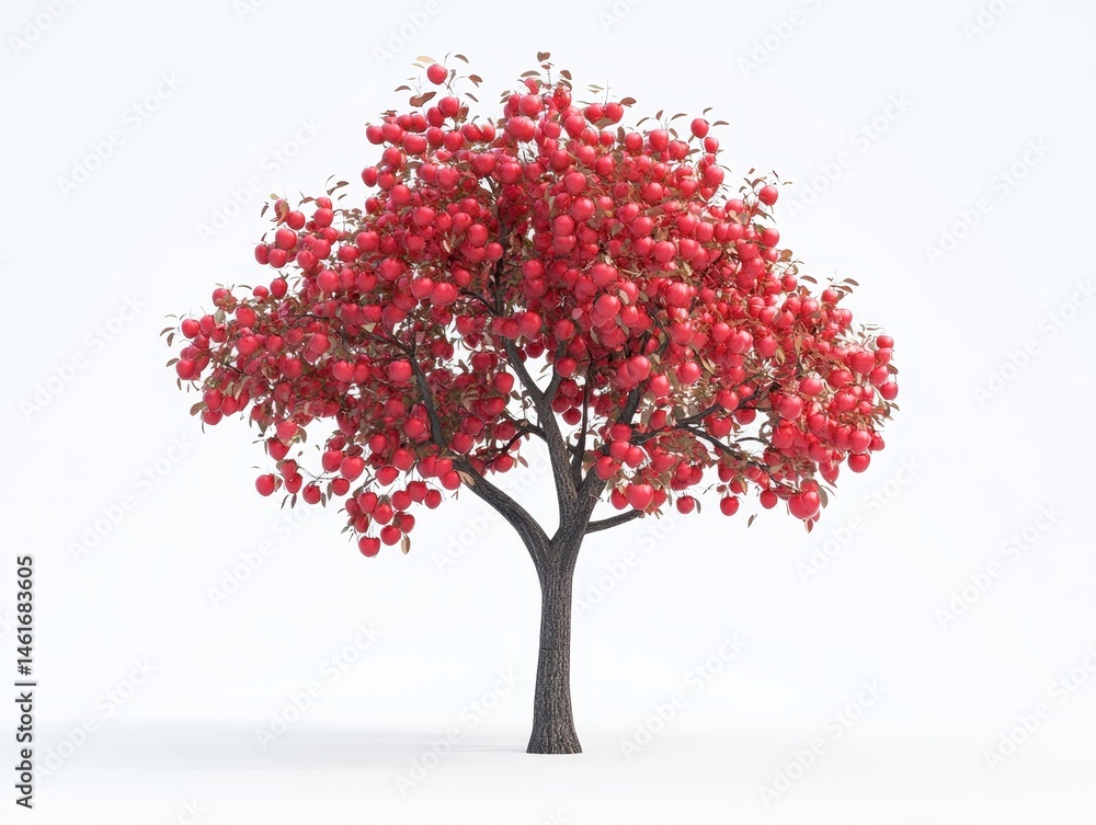 Fototapeta premium A vibrant apple tree, laden with numerous bright red apples, stands tall against a plain white background. Its branches are full of fruit, creating a picturesque image of an orchard