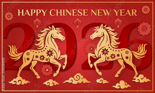 colorful horizontal banner for chinese new year of the horse 2026
