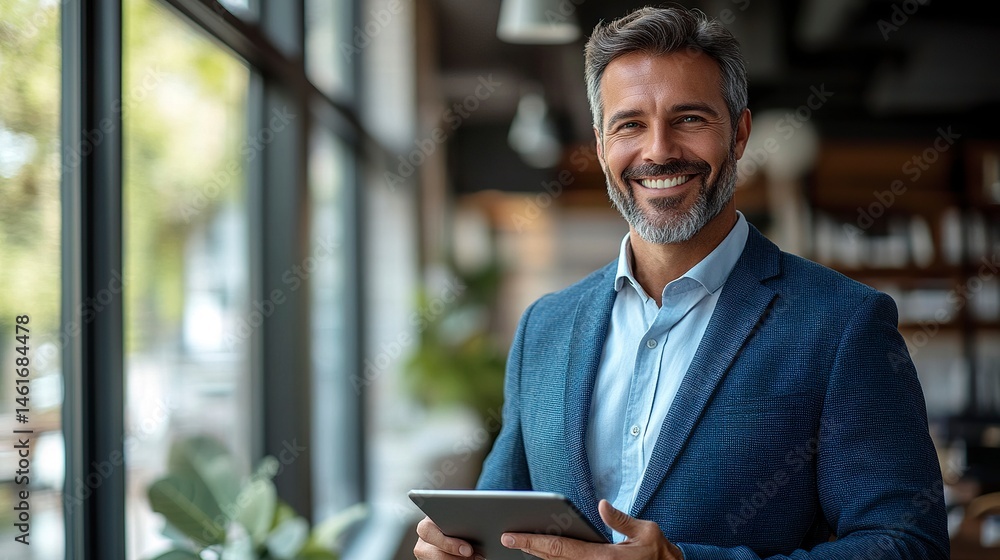 Smiling businessman in blue blazer holding tablet, standing near window in bright modern office, shallow depth of field Smiling businessman in blue blazer holding tablet, standing near window in bright modern office, shallow depth of field