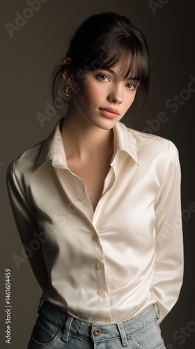 Female model wearing an ivory shirt. Fashion magazine photoshoot. Model photo. AI generated.
