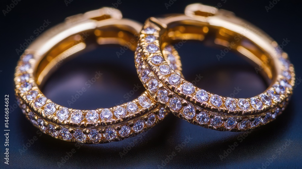 Jewelry flat-lay featuring elegant gold hoops with diamonds, macro detail with subtle highlights Jewelry flat-lay featuring elegant gold hoops with diamonds, macro detail with subtle highlights