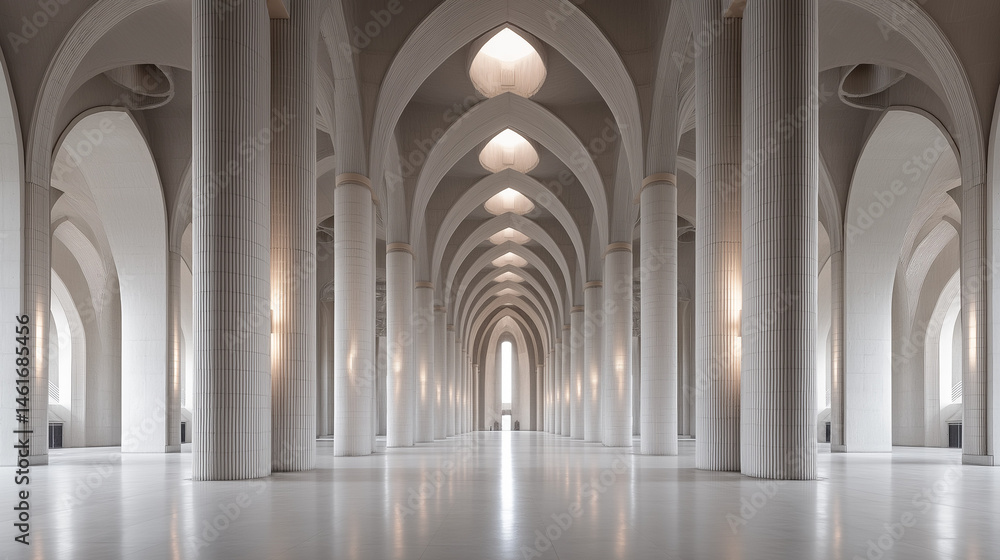 Minimalist concrete hall with towering columns and arched windows, embodying serene symmetry and modern elegance.