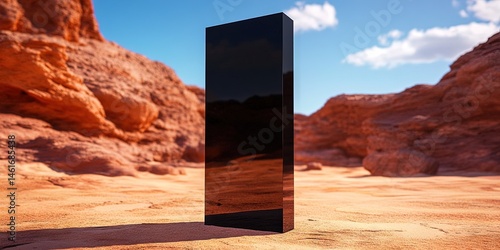 photo of black glass monolith in desert 