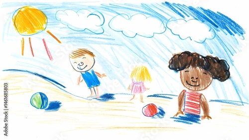 Childrens drawing of kids playing on the beach summer vacation crayon art fun , kid's hand drawing.