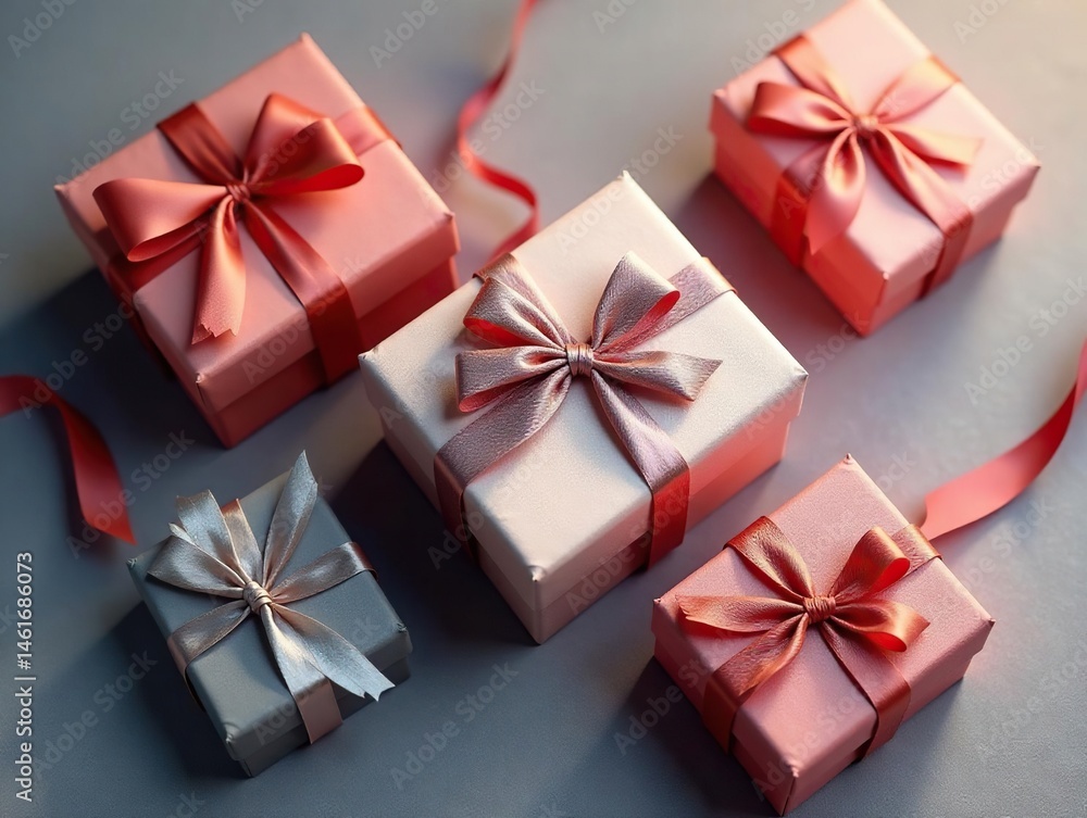 Obraz premium Elegant gift boxes, silk ribbons, aerial view, luxury, e-commerce, anniversary