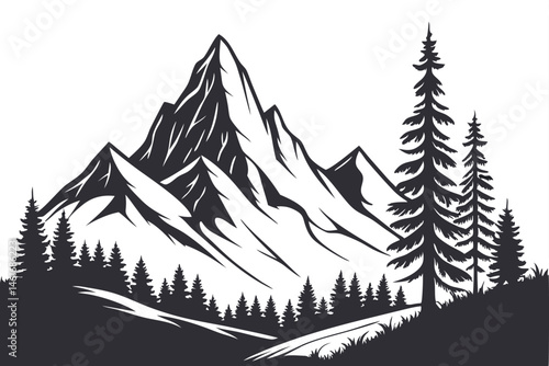 44 minimalist mountain landscape, black and white silhouette, jagged peaks, pine forest, full moon, geometric shapes, high contrast, sharp edges, vector art style, graphic design, simple composition, 