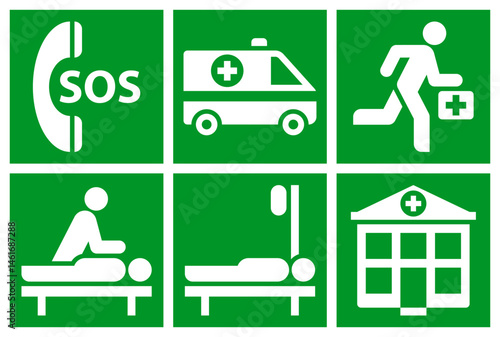 First aid sign set. Emergency medicine icons. Sos, ambulance, paramedic, resuscitation, intravenous therapy and hospital symbols.