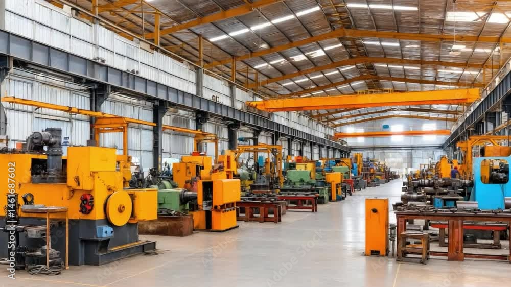 Spacious factory floor with machinery and equipment in orderly arrangement for manufacturing processes Spacious factory floor with machinery and equipment in orderly arrangement for manufacturing processes
