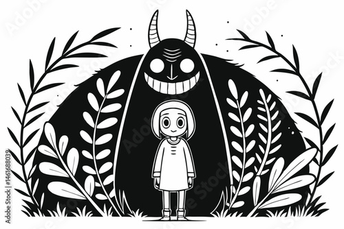 45 Surreal black and white illustration, cute character with mask-like face, creepy monster behind, botanical elements, sharp teeth, horns, intricate details, contrast, ink drawing style, eerie atmosp