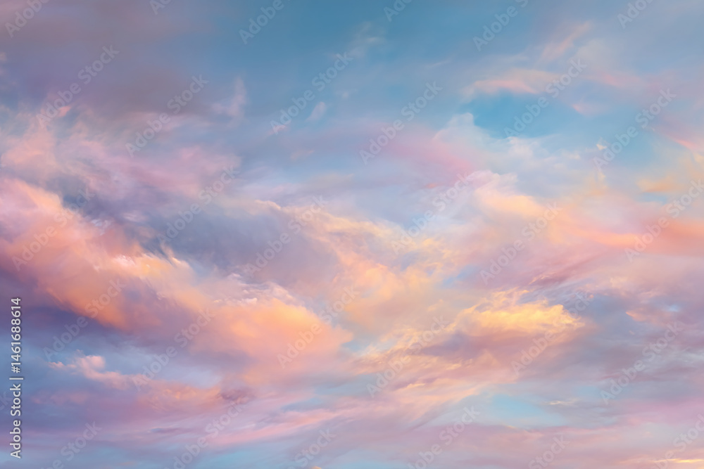 Fototapeta premium Pastel pink and blue cloudscape, soft texture, dreamy atmosphere, evoking serenity and peace, ideal for calming background