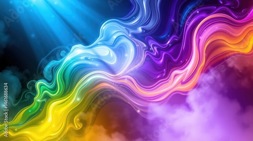 Vibrant, swirling abstract art with rainbow hues, illuminated by a spotlight
