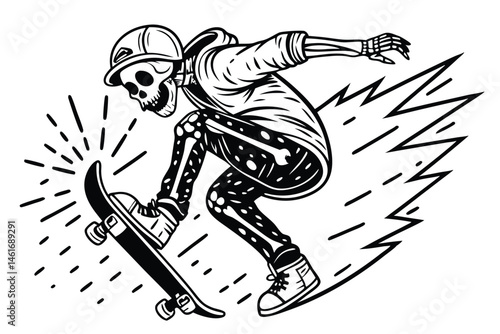 46 Skeleton skateboarder, dynamic pose, black and white illustration, punk rock style, detailed anatomy, grinning skull, skateboard trick, hand-drawn artwork, stippled shading, edgy graphic design, ur