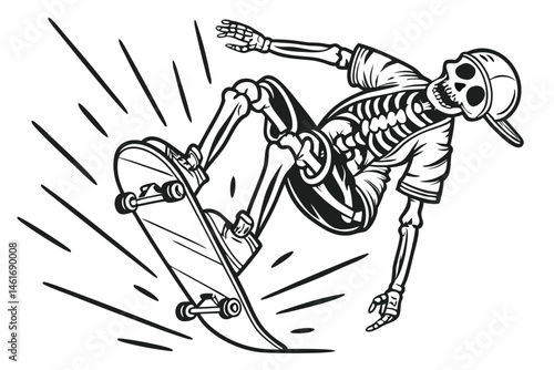 46 Skeleton skateboarder, dynamic pose, black and white illustration, punk rock style, detailed anatomy, grinning skull, skateboard trick, hand-drawn artwork, stippled shading, edgy graphic design, ur