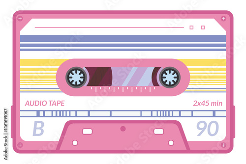 Vintage tape cassette. Retro mixtape, 1980s pop songs tapes and stereo music cassettes. 90s hifi disco dance audiocassette, analogue player record cassette. Isolated symbols  photo