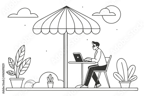 47 Minimalist illustration, man working on laptop, outdoor cafe setting, parasol umbrella, potted plants, black and white line drawing, simple geometric shapes, clean design, relaxed atmosphere, digit