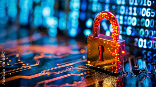 Glowing red padlock on dark digital interface symbolizing cryptocurrency security breach, blockchain technology concept for cyber security and data protection.