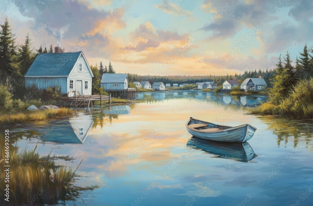 Obraz premium A quiet lake scene with a small boat and a fishing village in the background