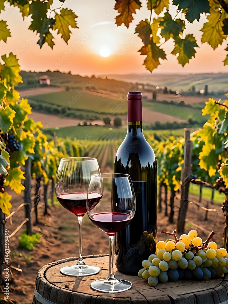 Naklejka premium Wine Glasses And Bottle With Barrel In Vineyard At Sunset