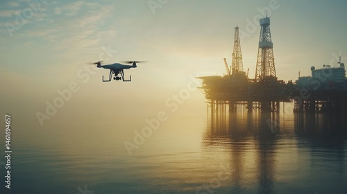 Drone Flying Over Oil Rig in the Ocean