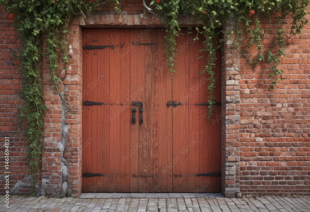 Red brick wall, weathered wood door, climbing vines , stock, old brick, vintage Red brick wall, weathered wood door, climbing vines , stock, old brick, vintage