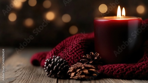 Warm and inviting candle scene with cozy winter accents.  A deep burgundy candle sits atop a rustic wooden surface, nestled beneath a warm knitted wool blanket, accented with pinecones.  Soft,