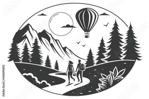 49 Black and white illustration, adventurous couple hiking, mountain landscape, full moon, hot air balloons, starry night sky, pine trees, winding path, dramatic lighting, detailed linework, adventure
