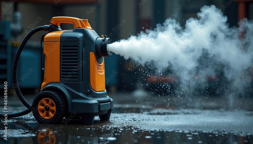 Fototapeta premium Steam cleaning machine in action, water droplets, house, wet