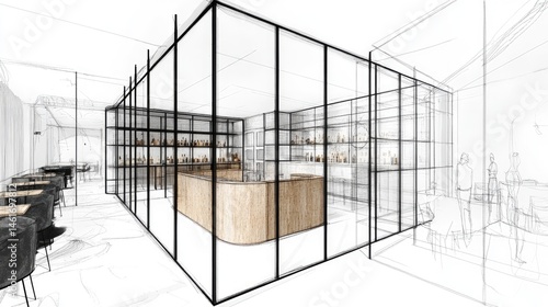 Interior design sketch of a modern bar and restaurant area.