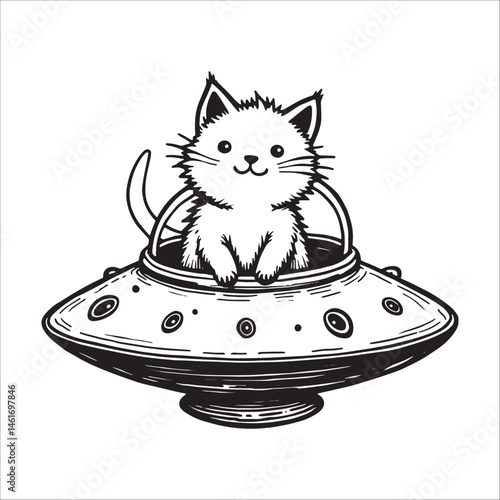 Cute cat in UFO spaceship cartoon, Funny alien kitten flying saucer illustration for t-shirt and sticker design.
