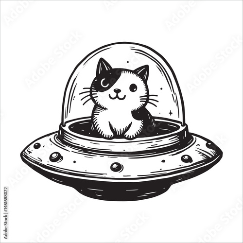 Cute cat in UFO spaceship cartoon, Funny alien kitten flying saucer illustration for t-shirt and sticker design.