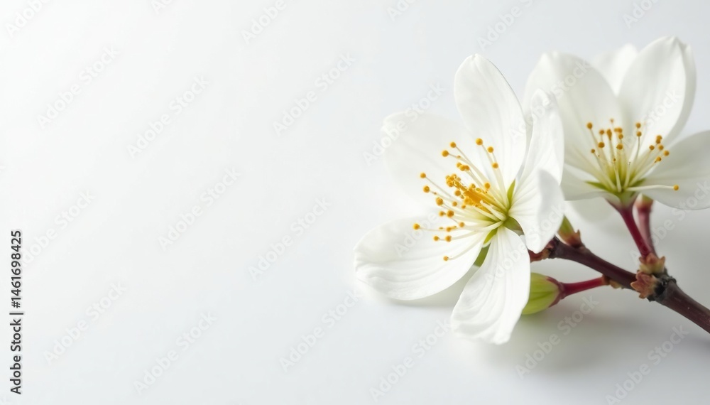 Fototapeta premium Delicate white blossom against pure white background, soft, texture, nature