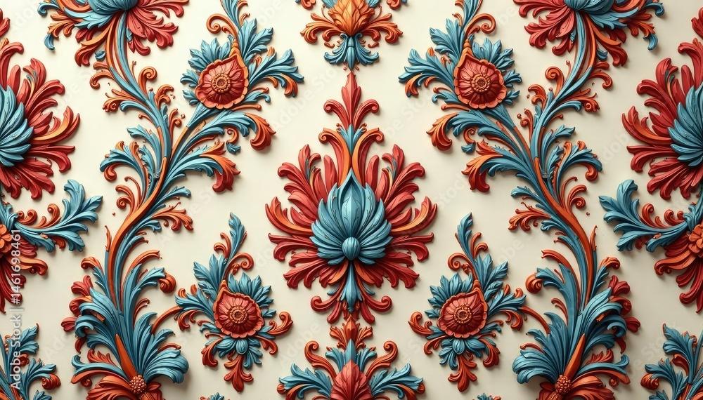Intricate floral damask textile pattern, elegant swirls , wallpaper, antique Intricate floral damask textile pattern, elegant swirls , wallpaper, antique