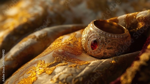Papal Ring on Silk Cushion, Close-Up of Sacred Symbol in Golden Light