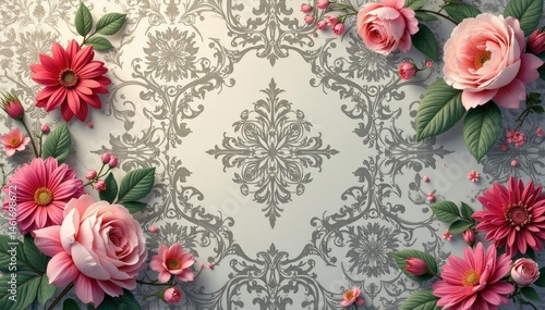 Intricate floral damask wallpaper in muted tones, design, cream