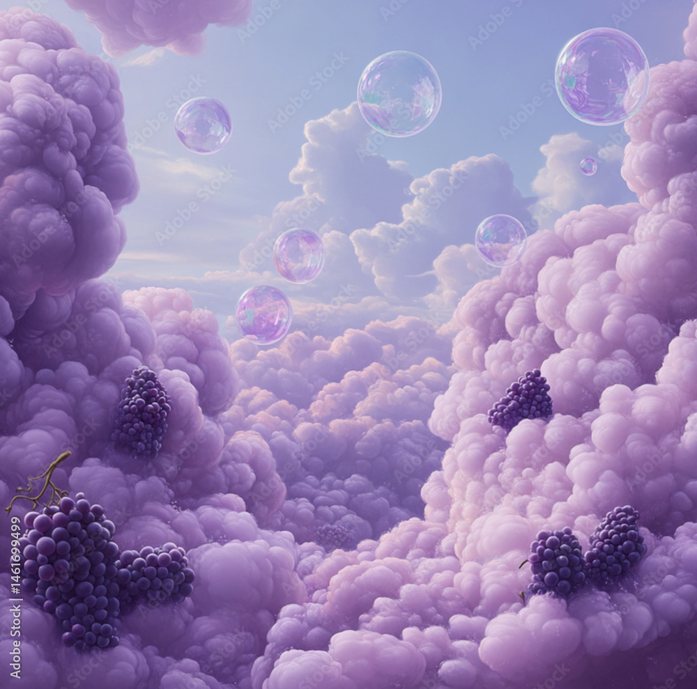 purple fluffy cotton candy clouds in the sky, with bubbles floating in the sky differring in sizes, grapes in the clouds
