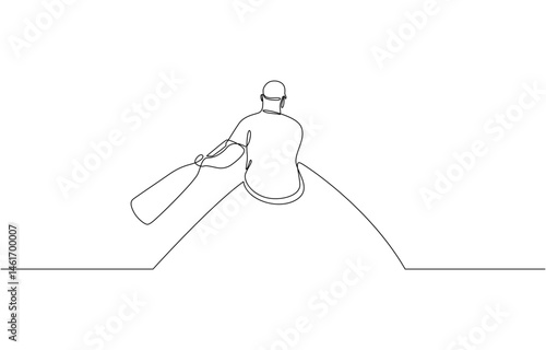 Man rowing canoe continuous one line drawing, Single continuous line drawing young man use canoe at sea. Sea activity minimalist concept. Trendy one line draw design vector graphic design.