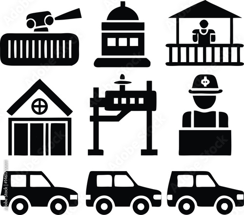Security Checkpoint Icons Set – Surveillance, Gate, Vehicle, and Guard Symbols