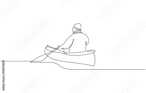Man rowing canoe continuous one line drawing, Single continuous line drawing young man use canoe at sea. Sea activity minimalist concept. Trendy one line draw design vector graphic design.