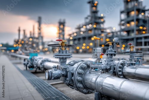 A complex network of industrial pipelines and valves at an oil refinery, showing interconnected infrastructure, symbolizing the energy industry, and critical infrastructure.