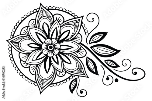 51 Intricate floral mandala, black and white line art, symmetrical design, ornate details, botanical motifs, dotted borders, lotus flower, rose petals, curling vines, zentangle patterns, decorative sc
