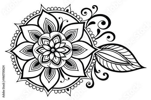 51 Intricate floral mandala, black and white line art, symmetrical design, ornate details, botanical motifs, dotted borders, lotus flower, rose petals, curling vines, zentangle patterns, decorative sc