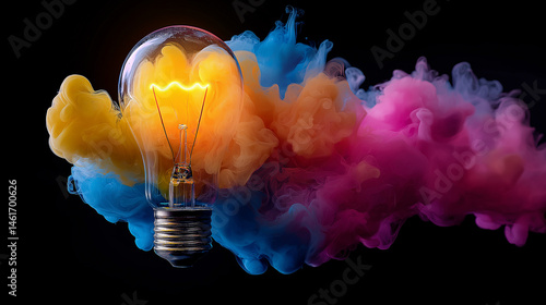 Glowing lightbulb in colorful ink clouds