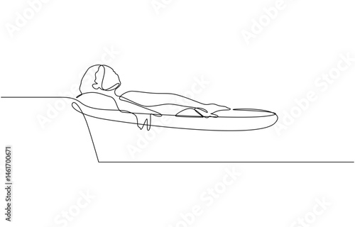 Continuous line drawing. Girl takes a bath vector illustration, Woman taking spa bath. Continuous one line drawing. Concept of beauty treatments, self care.