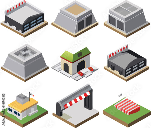 Isometric Military Base Buildings and Security Structures Icon Set