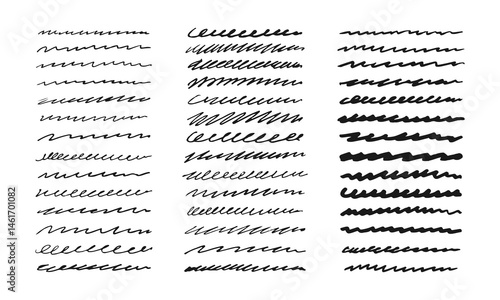 Forty two wavy lines and random zigzags of various shapes and thicknesses. Doodles and squiggles. Vector set